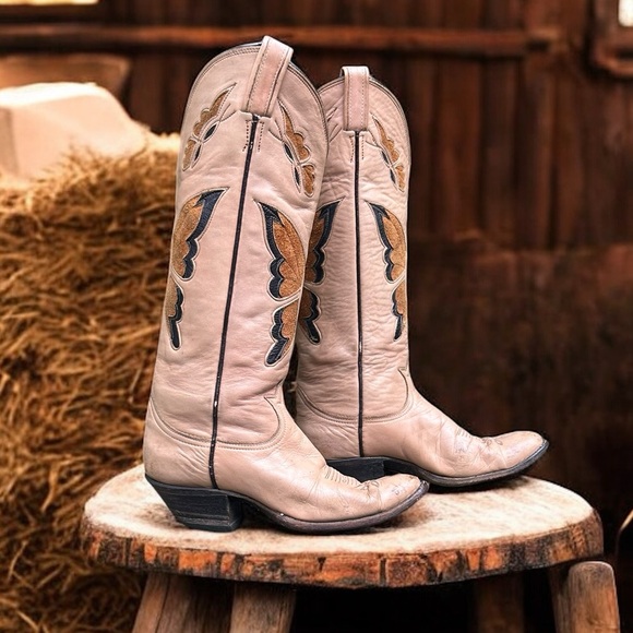 Women’s Size 7 M - 1960’s Tony Lama Cowboy Western Boots Butterfly Inlays - Picture 5 of 7